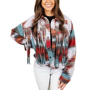 Women's Fringe Cropped Aztec Print Shacket L - 3XL NWT